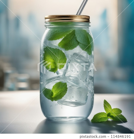 Cold and refreshing infused water with lime, ginger, mint and ice in mason jar. Copyspace 114846191