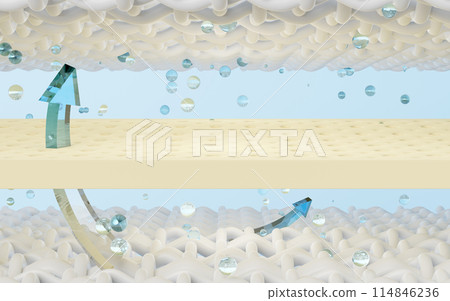 layered sheet material mattress with ventilate shows, bubbles, arrows isolated on blue background. fabric fiber, natural latex, soft and breathable material concept. 3d render illustration layered sheet material mattress with ventilate shows, bubbles, arrows isolated on blue background. fabric fiber, natural latex, soft and breathable material concept. 3d render illustration 114846236