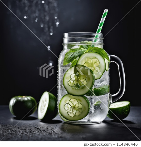 Cold and refreshing detox water with lime, cucumber, mint and ice in glass jar. Copyspace 114846440