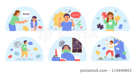 Hand drawn flat autism day mini composition set with kids in different situations Hand drawn flat autism day mini composition set with kids in different situations 114846601