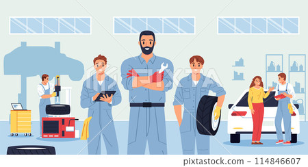 Hand drawn flat mechanic background with employees in a car workshop 114846607