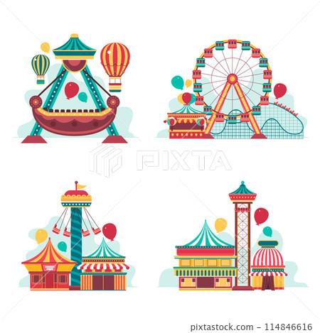 Hand drawn flat amusement park mini composition set 114846616