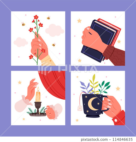 Cartoon hands holding objects composition set 114846635