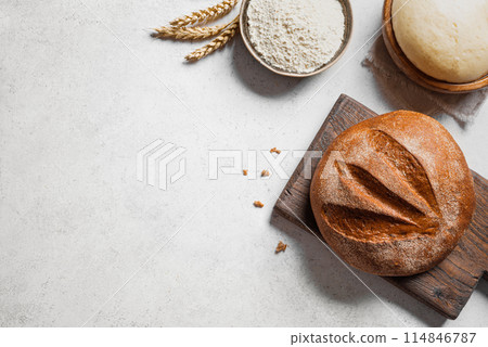 Fresh Sourdough Bread and ingredients. Bread making. Fresh Sourdough Bread and ingredients. Bread making. 114846787