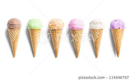 Set of various ice cream scoops in waffle cones Set of various ice cream scoops in waffle cones 114846797