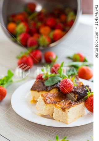 prepared cottage cheese casserole with fresh strawberries prepared cottage cheese casserole with fresh strawberries 114846942