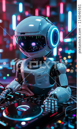 cute robot dj playing techno music at party in nightclub, cyborg techno deejay 114846981