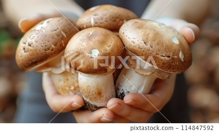 Freshly Picked Champignon Mushrooms in hand 114847592