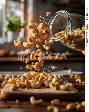 Pouring cashews onto a wooden board 114847793