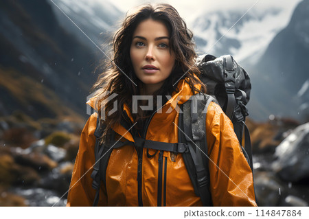 beautiful young woman tourist with a backpack in an orange jacket on a hike in the mountains.  114847884
