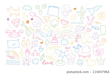 Childish doodle outline elements collection. Hand drawn animals, plants and objects in kids scribble style. Vector illustration Childish doodle outline elements collection. Hand drawn animals, plants and objects in kids scribble style. Vector illustration 114847968
