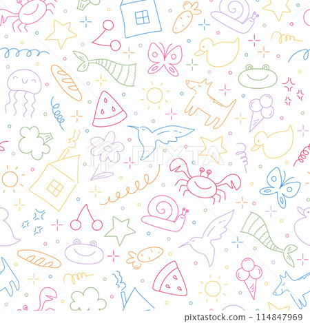 Childish doodle outline elements seamless pattern. Hand drawn animals, food, plants and objects in kids scribble style. Vector illustration 114847969