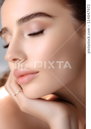 A close-up of a woman's face with eyes closed, highlighting her smooth skin, well-defined eyebrows, and natural beauty. 114847972