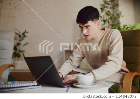 Young male college student sitting at desk at home using laptop, typing with focus and concentration. Making resources for article tasks 114848072