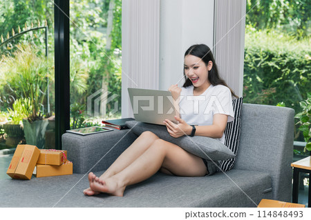 Successful entrepreneur business woman with online sales and Parcel shipping in her home office. Woman checking order on digital tablet. Successful entrepreneur business woman with online sales and Parcel shipping in her home office. Woman checking order on digital tablet. 114848493