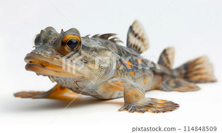 Mudskipper, Periophthalmus, an unusual fish coming onto land, portrait, close-up, isolated on white  114848509