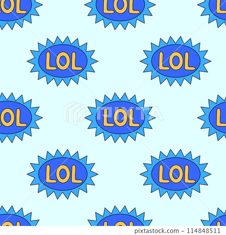 Seamless Pattern with trendy retro sticker cartoon shape. Funny quote sign patch blue LOL. Flat Vector Design. 114848511
