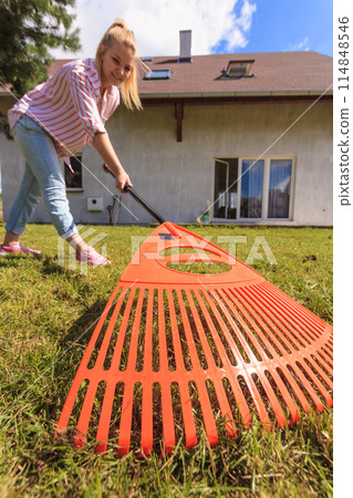 Unusual angle of woman raking leaves 114848546