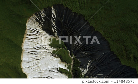 Contrasting green vegetation and white stony mountain peak. Clip. Aerial top view of stunning nature masterpiece. 114848575