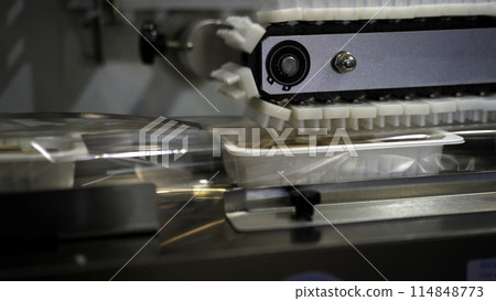 Plastic wrapping machine on production line packing food. Media. Conveyor belt with plastic boxes of cookies. 114848773