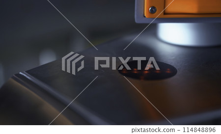 Close up of attempt of passing through the turnstile with the help of smartphone. Media. Red cross sign, access denied. 114848896