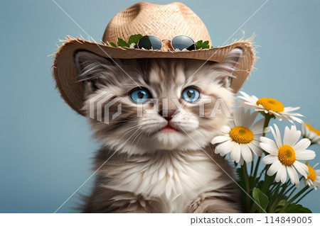 summer, daisies, cat in sunglasses and hat 114849005