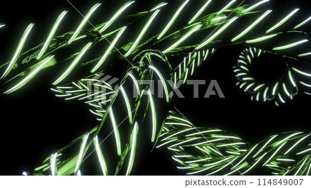 Abstract twisted neon cable isolated on a black background. Design. Green moving lines for fiber optic network. 114849007