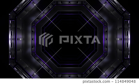 Flight in neon lights cyber data hexagonal tunnel. Design. Dark mysterious corridor. 114849048