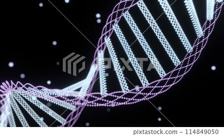 Animation of spinning dna structure, green and purple digital waves against black background. 114849050