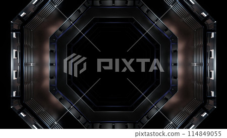 Futuristic tunnel with fluorescent lights. Design. Sci-fi interior corridor with neon lighting with hexagonal shapes. Futuristic tunnel with fluorescent lights. Design. Sci-fi interior corridor with neon lighting with hexagonal shapes. 114849055