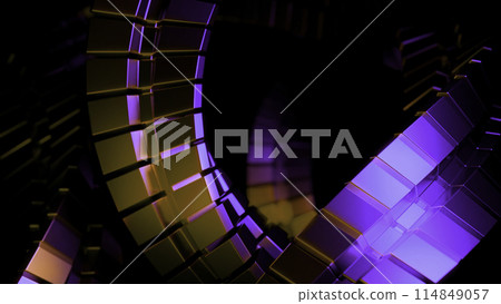 Abstract rotating metal rings on a black background. Design. Large spinning wheels of metal tiles under colorful lights. Abstract rotating metal rings on a black background. Design. Large spinning wheels of metal tiles under colorful lights. 114849057