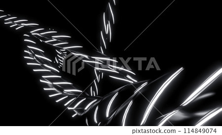 Abstract twisted neon monochrome rope on a black background. Design. Silver metal ropes with white neon stripes. Abstract twisted neon monochrome rope on a black background. Design. Silver metal ropes with white neon stripes. 114849074