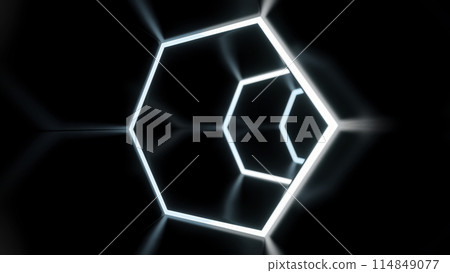 Flying inside dark virtual tunnel with neon hexagonal grid. Design. Bright neon grid of hexagons in the endless bending corridor. 114849077