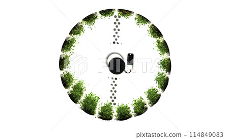 Abstract spinning circular object with green grass growing along its perimeter. Media. Boxes with green vegetation rotating on white background. 114849083