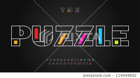 Colorful puzzle font, shapes and outline alphabet, bold playful typeface for toy logo, eye-catching headlines, toy typography, engaging fun typographic design. Vector typeset 114849092