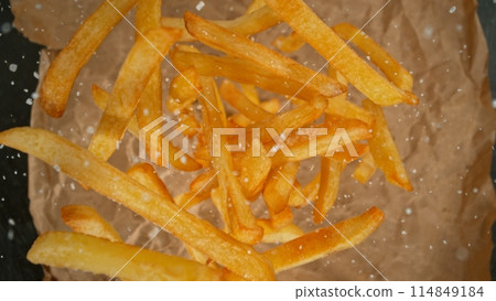 Freeze Motion of Flying French Fries, Top Shot 114849184