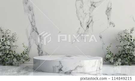 Empty marble podium for product display on gray background. top view 114849215