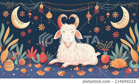 Vibrant Mythical Goat among Celestial Elements 114849228