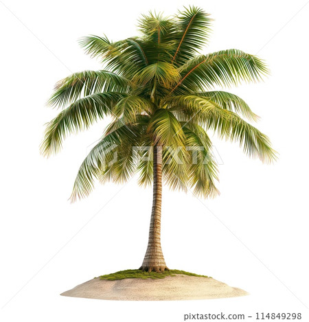 Palm tree on a small island isolated on a white or transparent background. Close-up of a palm tree on the island. A tree on an island as a symbol of loneliness and isolation. 114849298