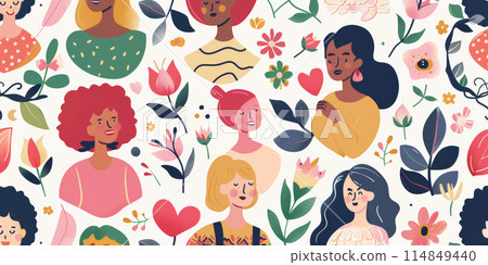 A colorful drawing of women with flowers and hearts. 114849440