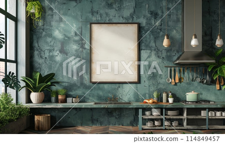 Mock up poster frame in kitchen interior on empty green color wall background. Mockup frame 114849457
