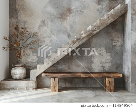 Loft interior design of modern entrance hall with staircase and rustic wooden bench near concrete wall 114849504