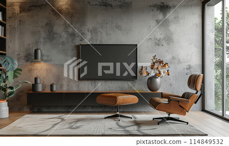 Cabinet for TV and accessories decor in living room interior on empty dark wall background 114849532