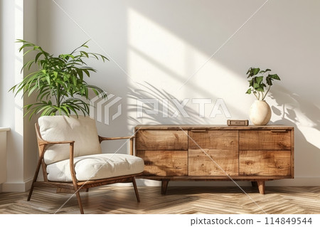 Interior with wooden cabinet and armchair, flower in pot 114849544