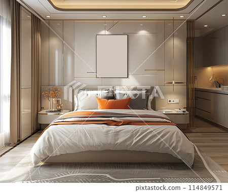 the bedroom with a poster mockup on the wall in the style of light gray and light beige, 114849571