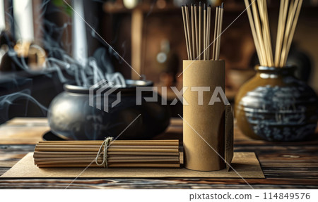 Incense Packaging Mockups with flowers over light background 114849576