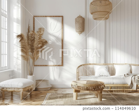 Modern cream style living room with white sofa with green leaf decoration 114849610