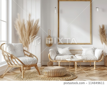 Modern cream style living room with white sofa with green leaf decoration 114849611