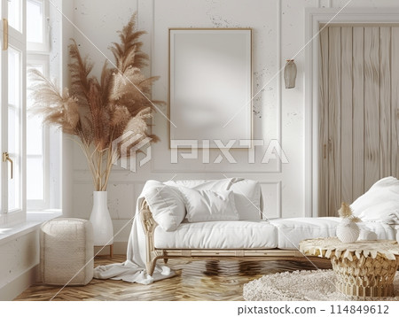 Modern cream style living room with white sofa with green leaf decoration Modern cream style living room with white sofa with green leaf decoration 114849612