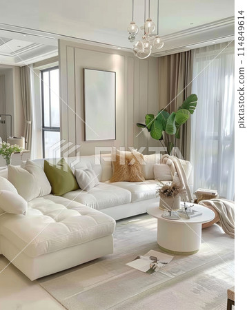 Modern cream style living room with white sofa with green leaf decoration Modern cream style living room with white sofa with green leaf decoration 114849614
